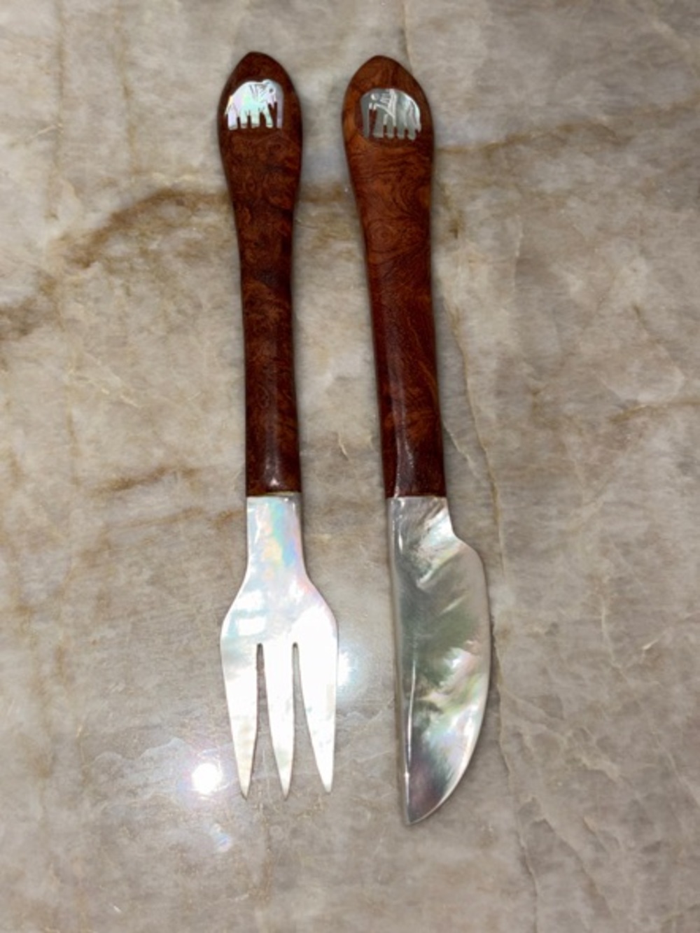Mother-of-Pearl Knife & Fork Hostess Set with Burl Rosewood Handles - NWOT